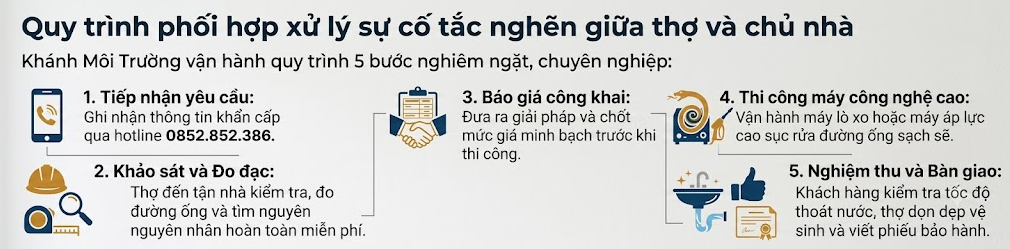 Quy trình xử lý thông bồn rửa chén quận Bình Thạnh của thợ Khánh Môi Trường