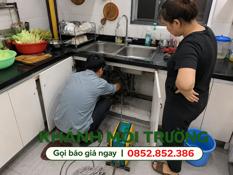 Thợ Khánh Môi Trường đang thực hiện thông bồn rửa chén tại nhà dân Thợ Khánh Môi Trường đang thực hiện thông bồn rửa chén tại nhà dân